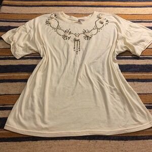 Vintage T-Shirt Tee Short Sleeve Cotton Pastel Yellow Bedazzled Floral Applique